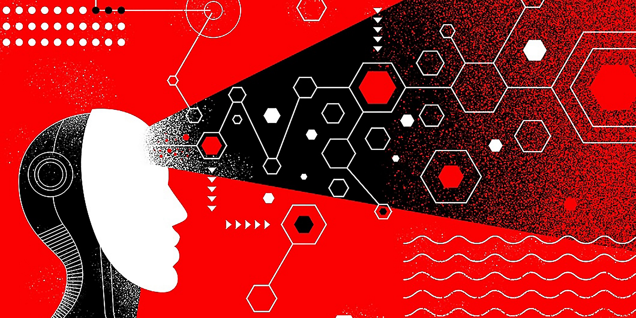 Illustration of a person with a black cone of line emanating from their forehead with technological symbols shown by the light