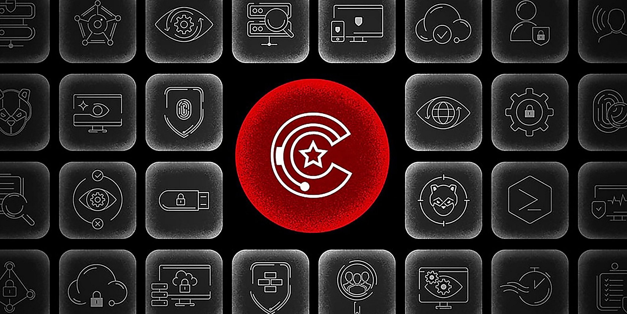 Illustration of the CrowdStrike Falcon logo in a red circle with app icons around it symbolizing cybersecurity services